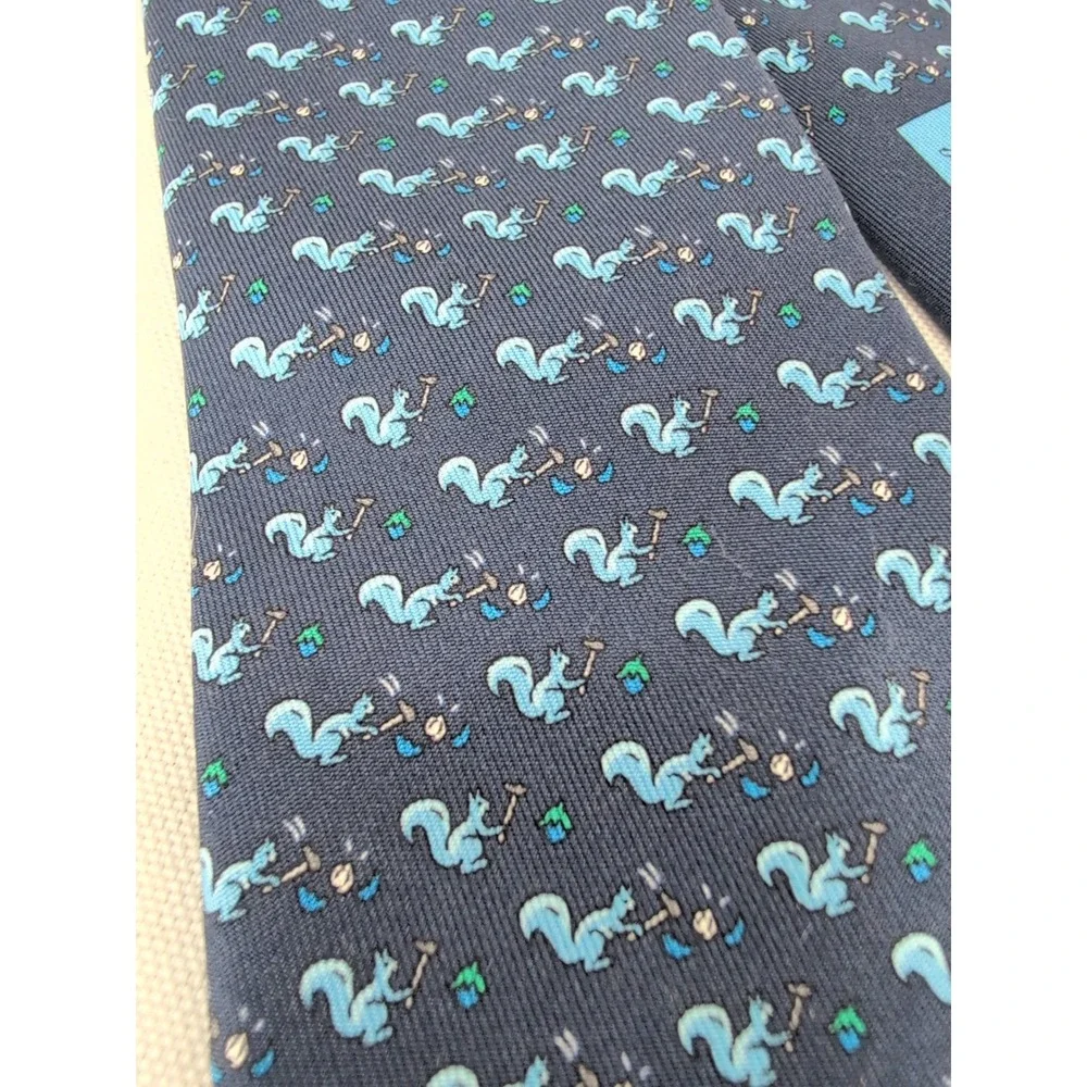 Hermes Silk Necktie Navy Blue Squirrel Cracking Nut Animal Print Made in France
